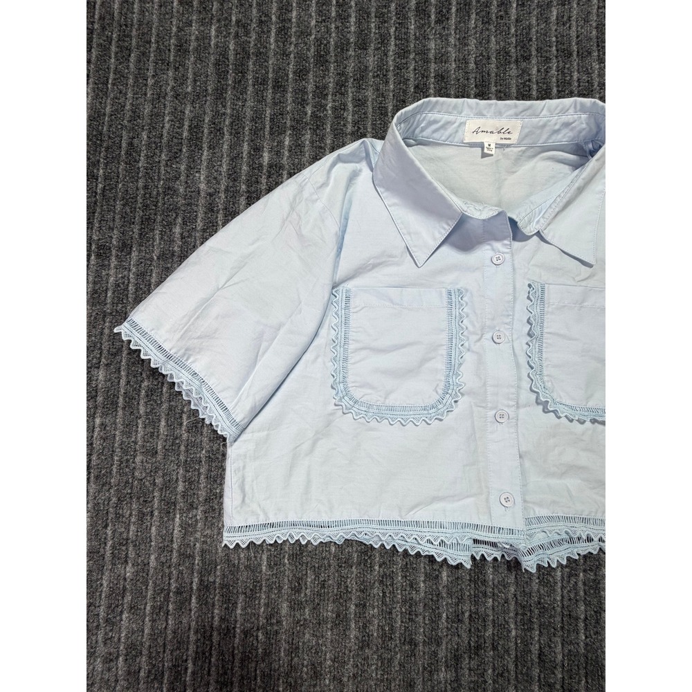 Amable by Mable Cropped Shirt Women Medium Lace Trim Coquette Chic Romantic - Picture 2 of 6